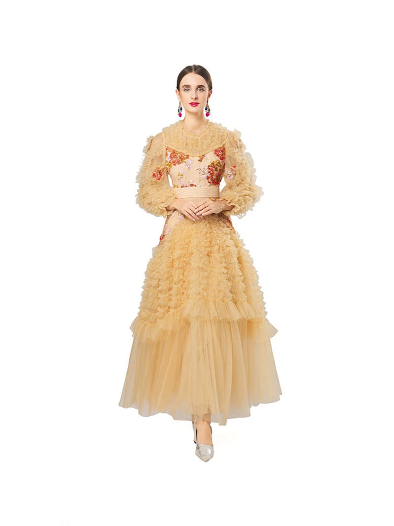 Champagne Tulle Sequin Long Prom Dress