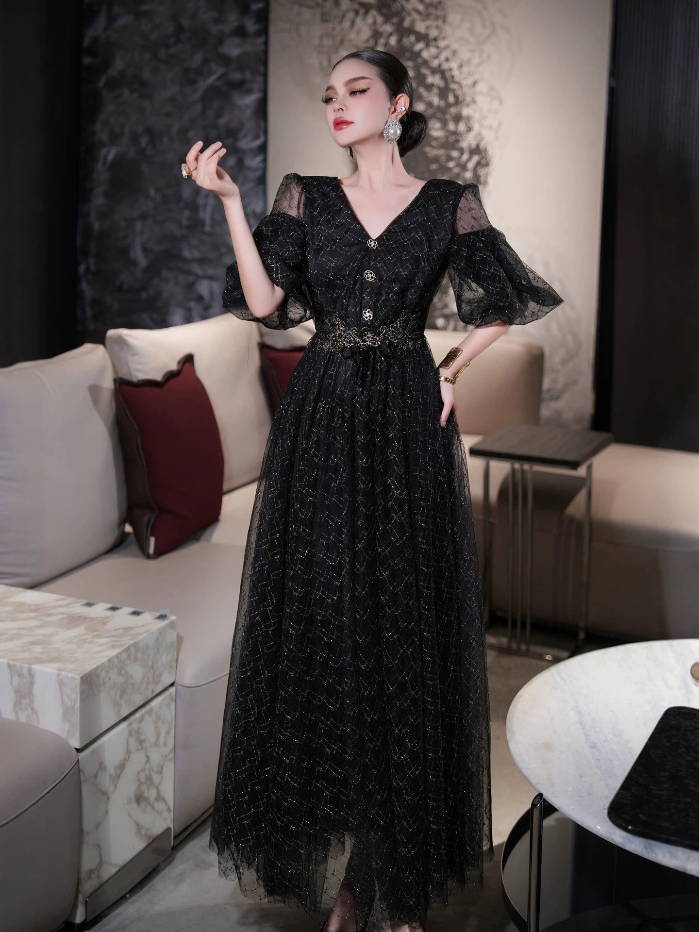 Black Tulle V-Neck Plus Size Formal Dress