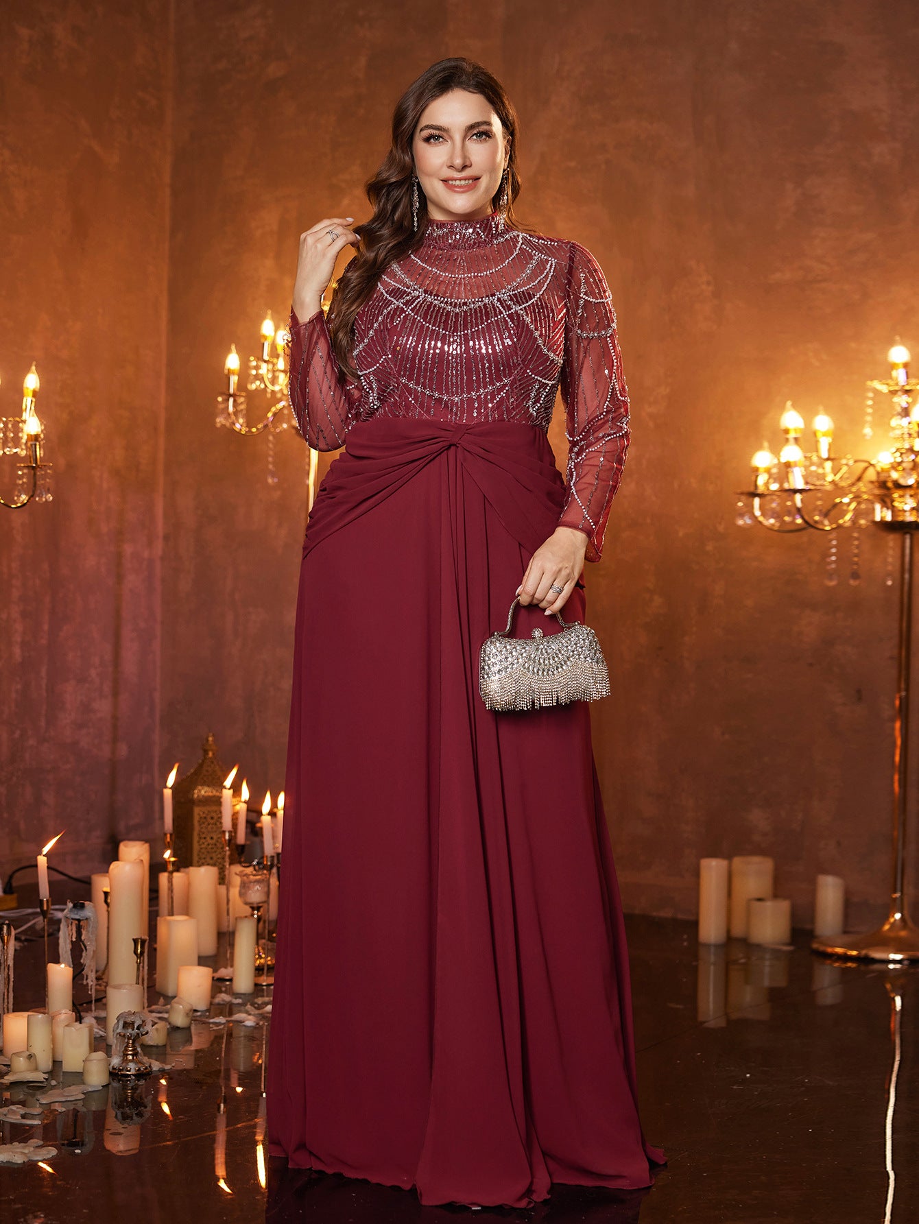 Burgundy Tulle Chiffon Plus Size Formal Dress
