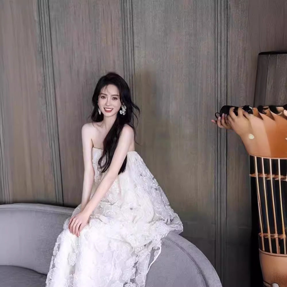 White Lace Strapless Bridesmaid Dress