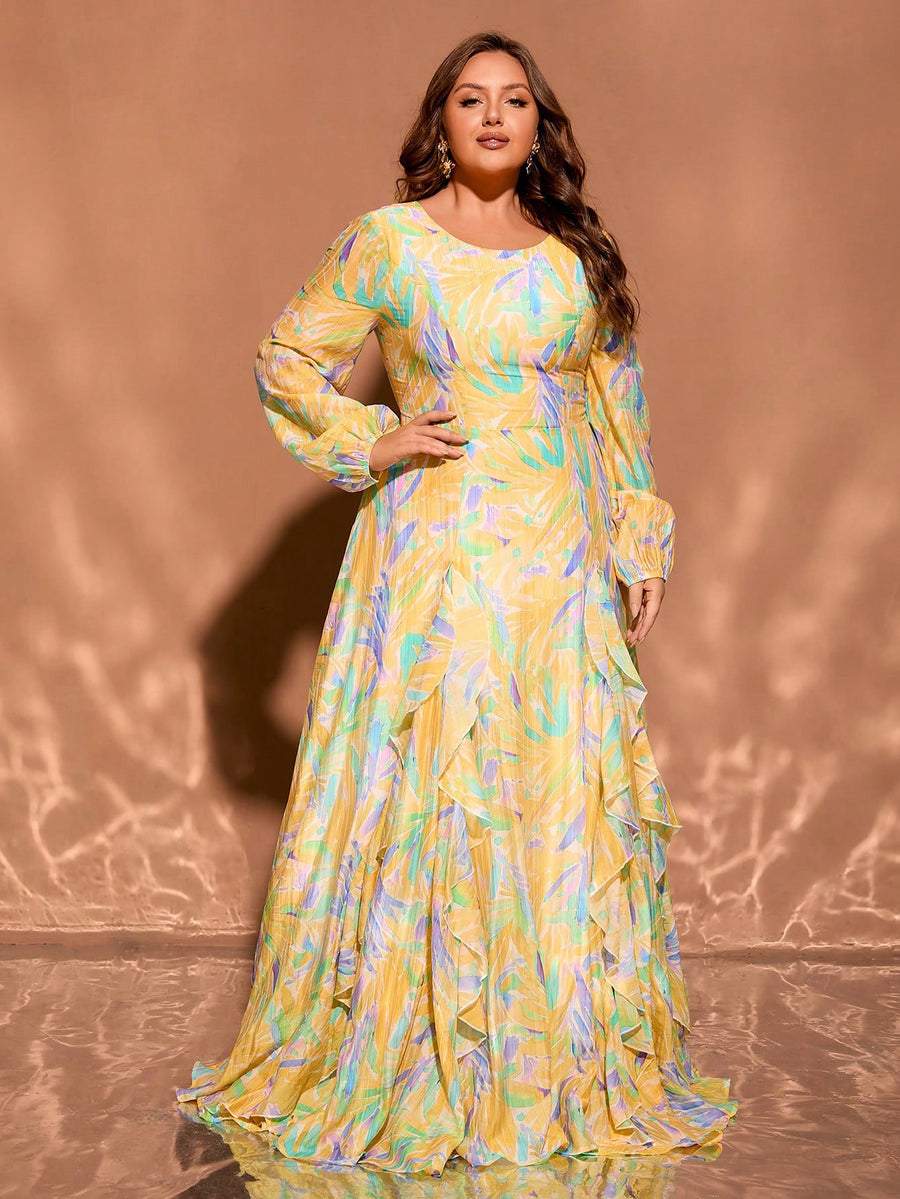Yellow Round Neck Long Sleeve Plus Size Formal Dress