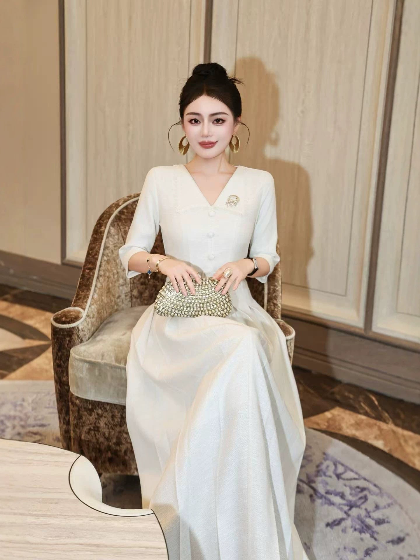 White V-Neck Ball Gown Long Prom Dress