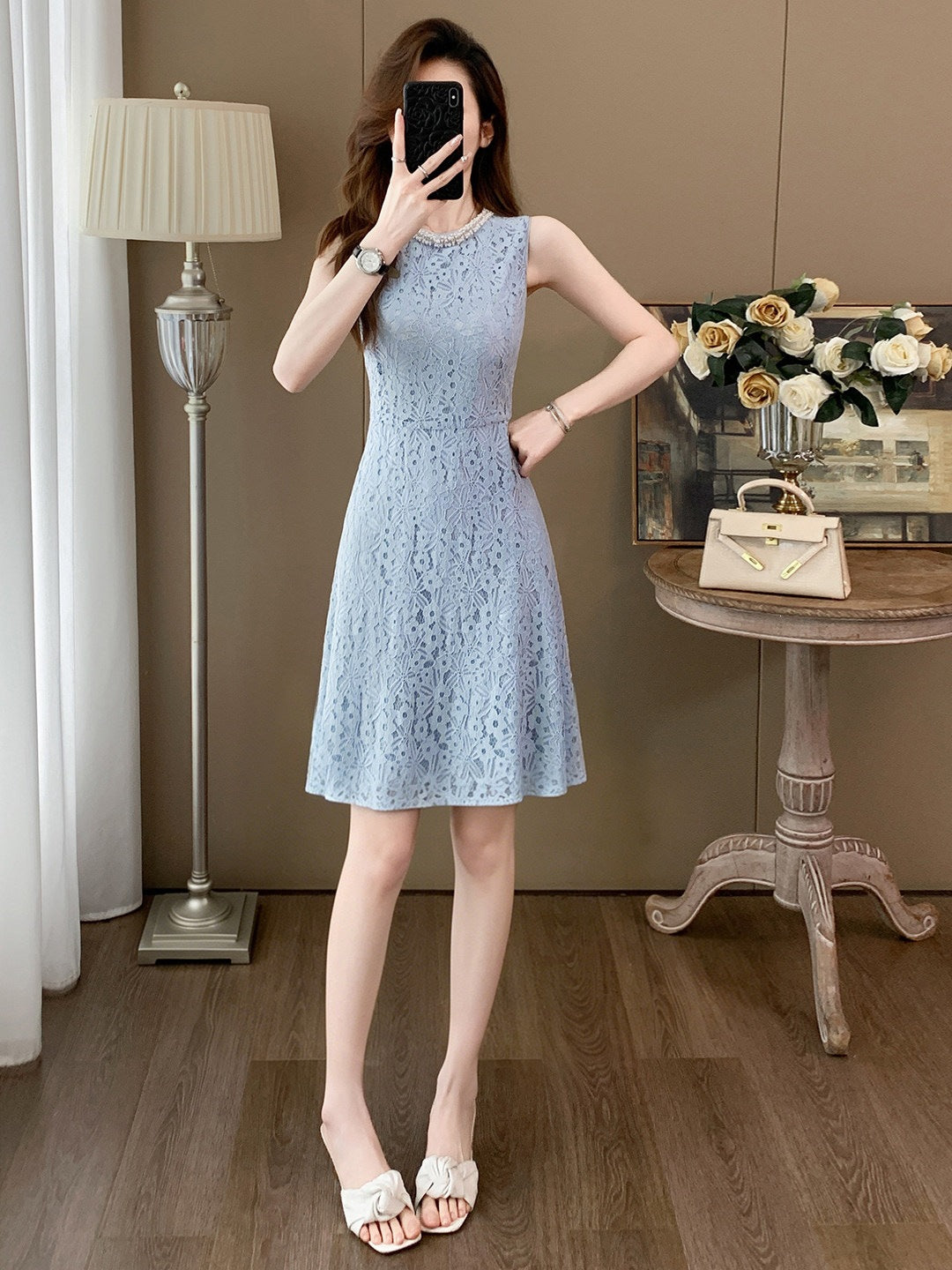 Blue Lace Sleeveless Short Homecoming Dress