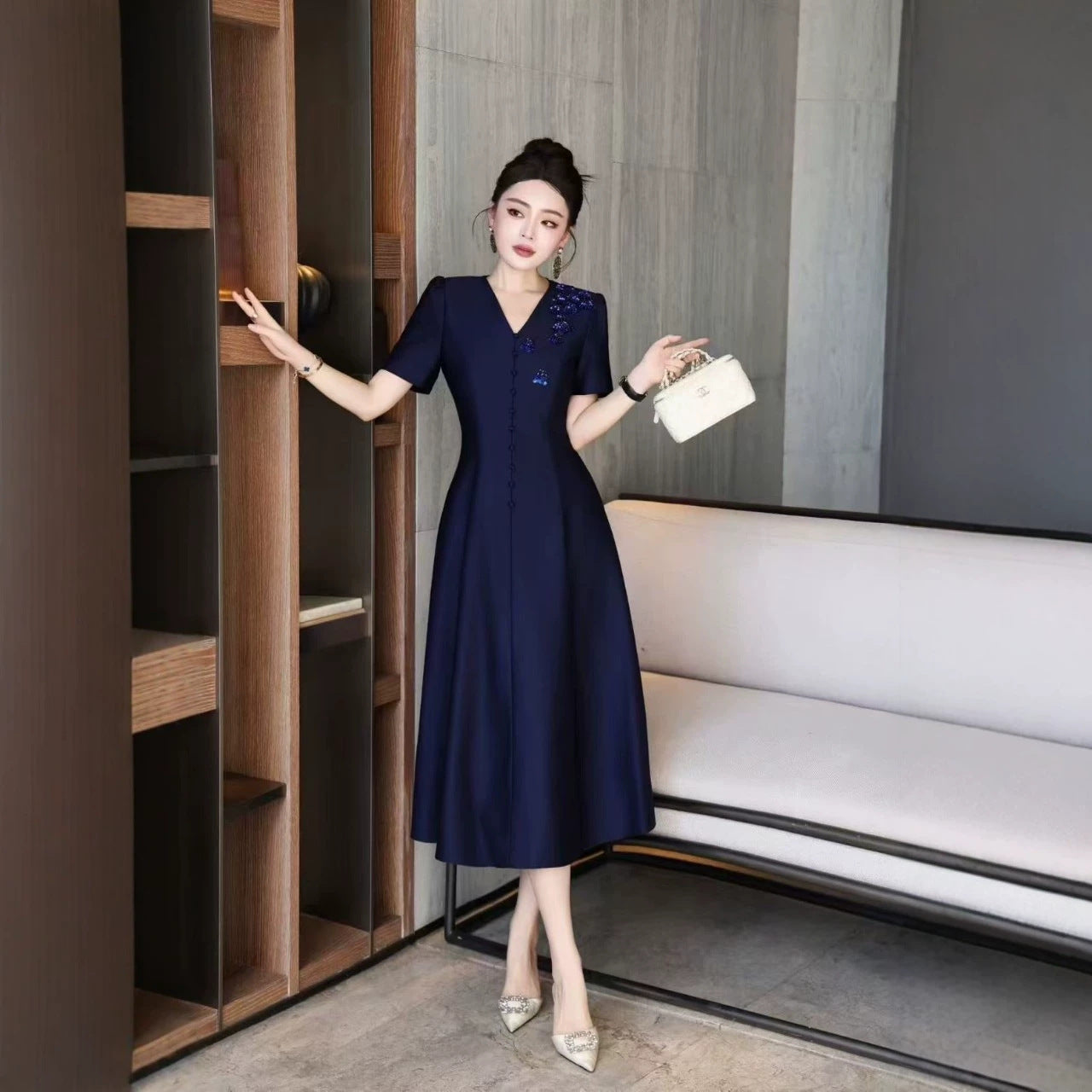 Navy V-Neck Plus Size Formal Dress