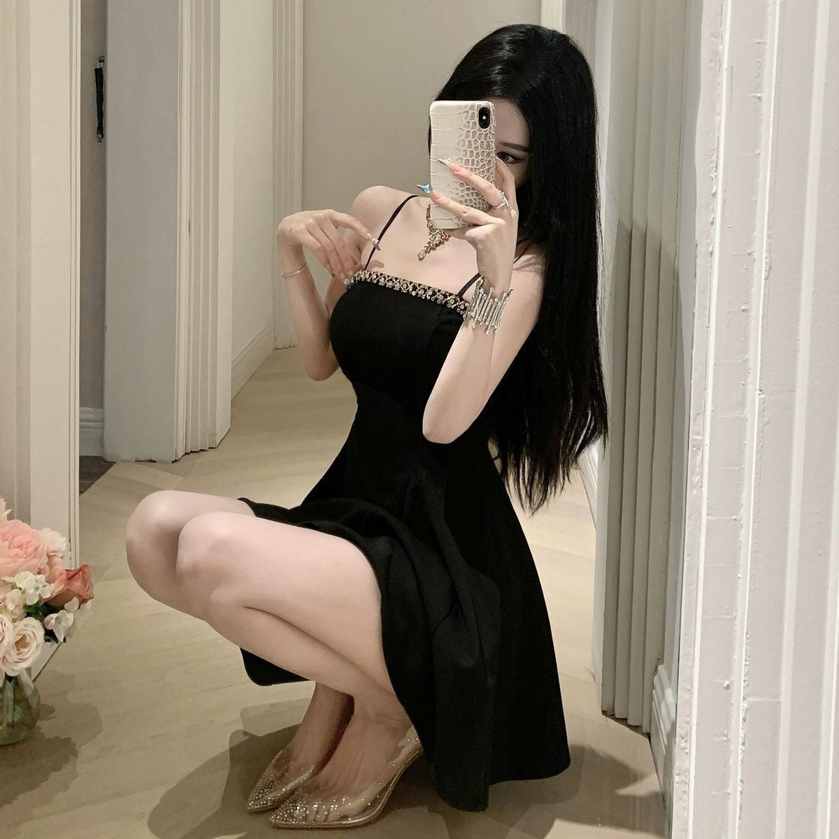 Black Spaghetti Strap A-Line Short Homecoming Dress