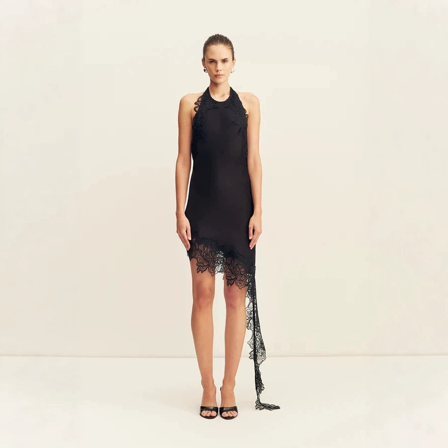 Black Lace Halter Short Homecoming Dress