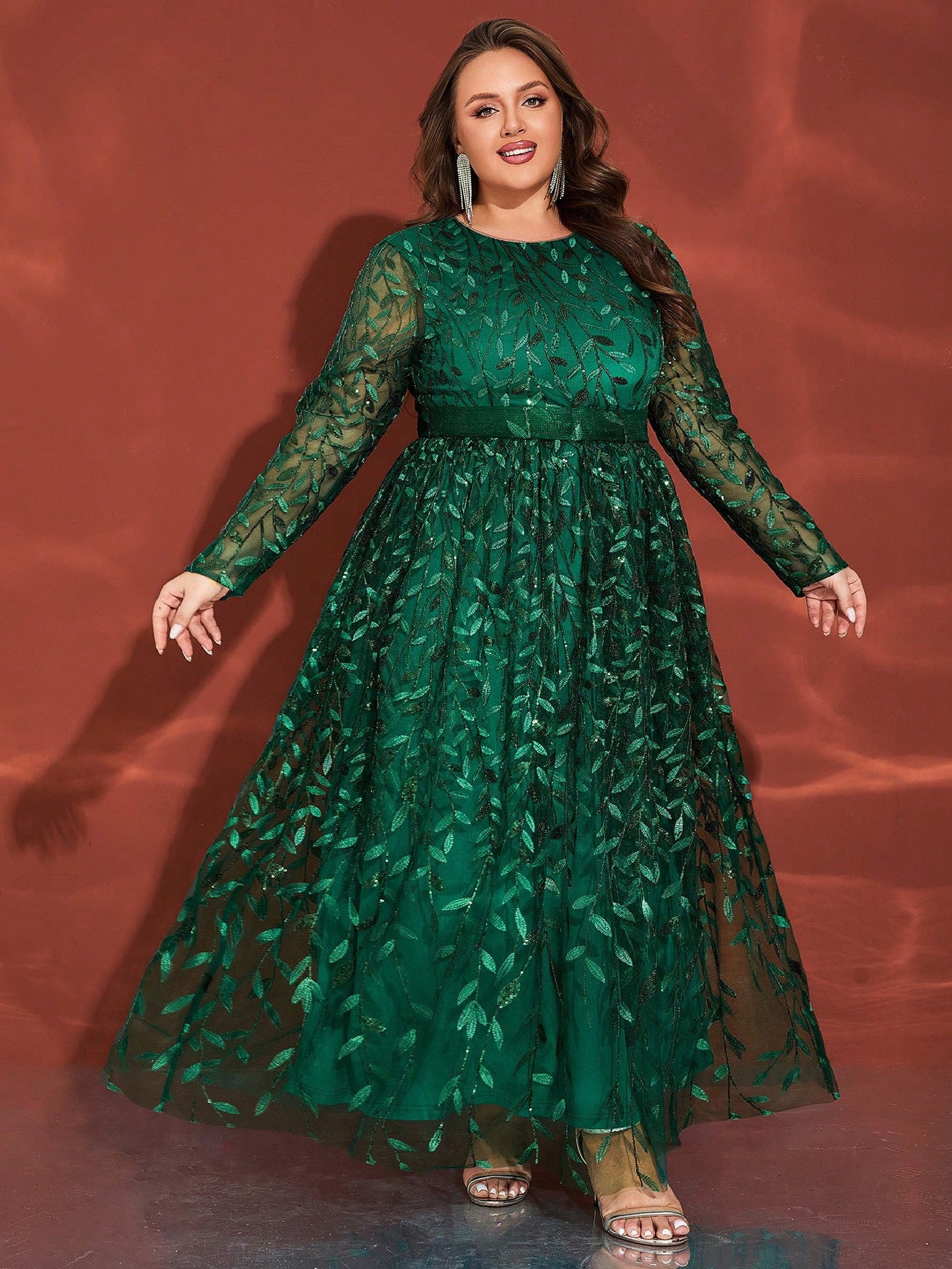 Green Tulle Round Neck Plus Size Formal Dress