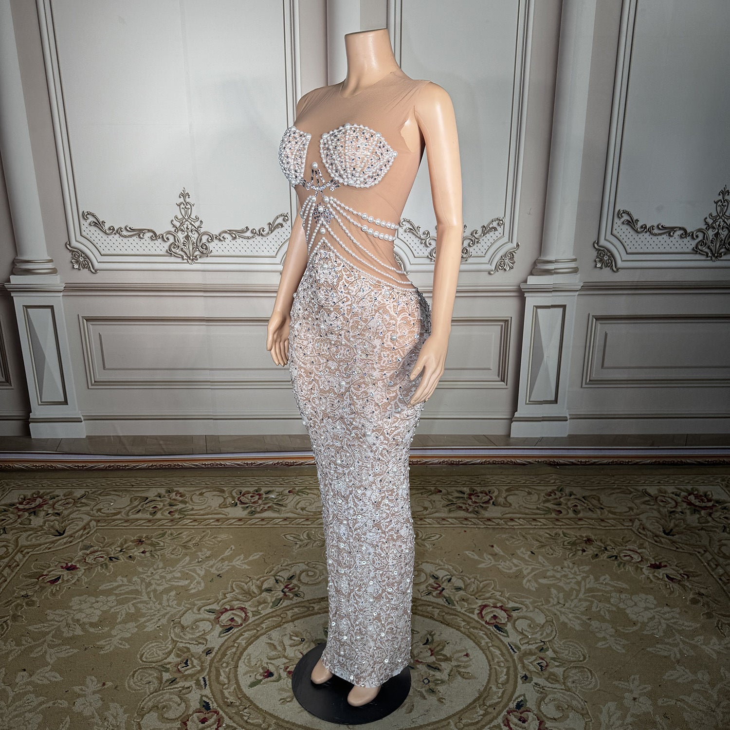 White Rhinestone Pearl Wedding Guest Dress