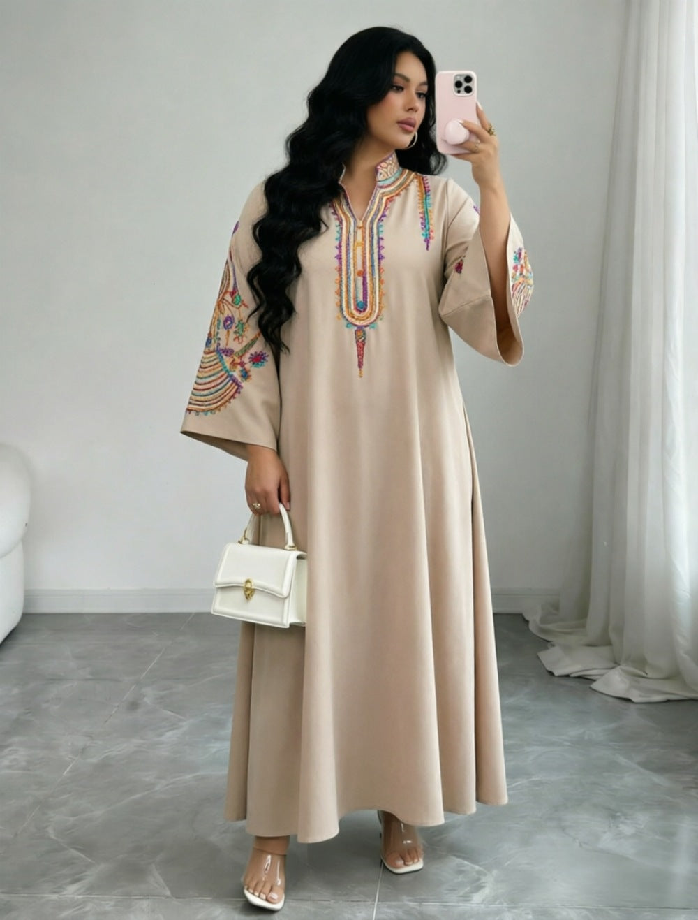 Khaki Embroidered Long Prom Dress