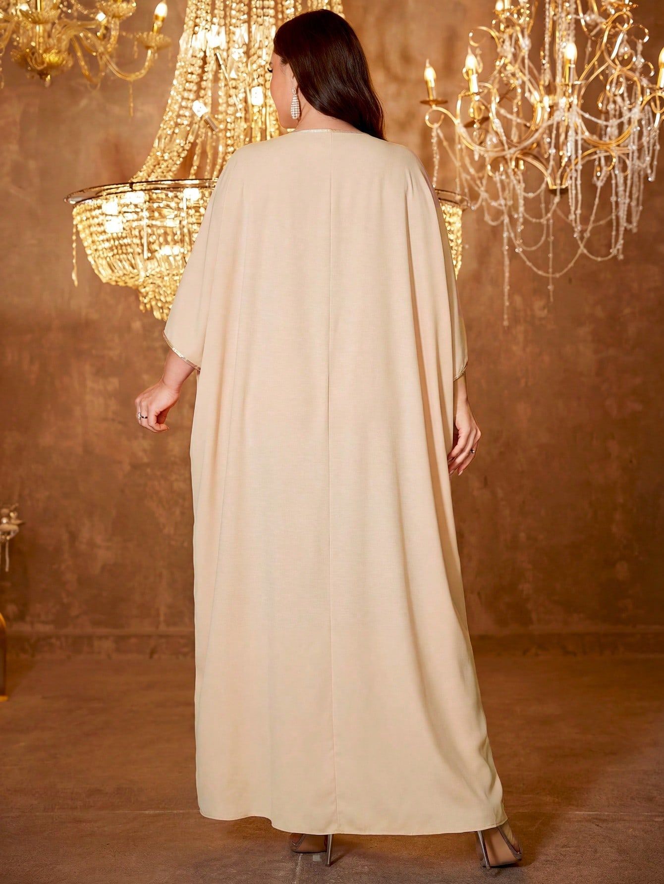 Champagne Sequin Embroidered Plus Size Formal Dress