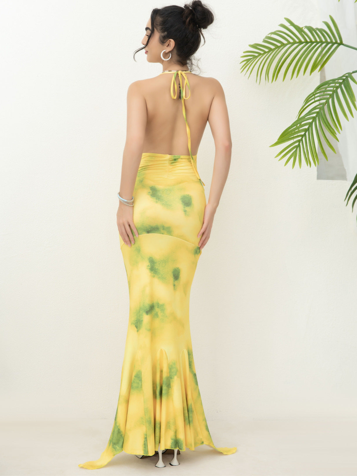 Yellow Halter Spaghetti Strap Long Prom Dress