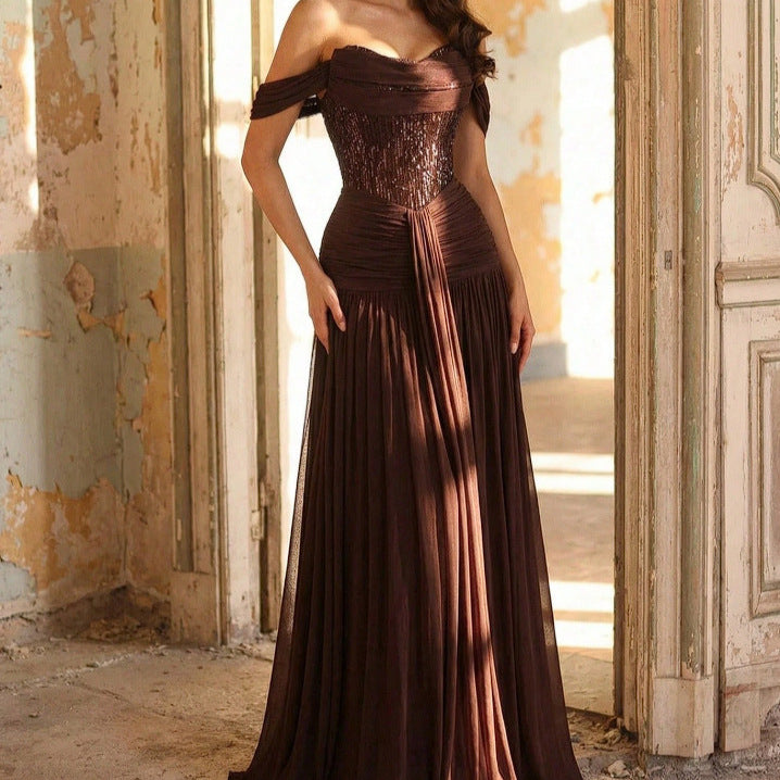 Mocha Satin Spaghetti Strap Bridesmaid Dress
