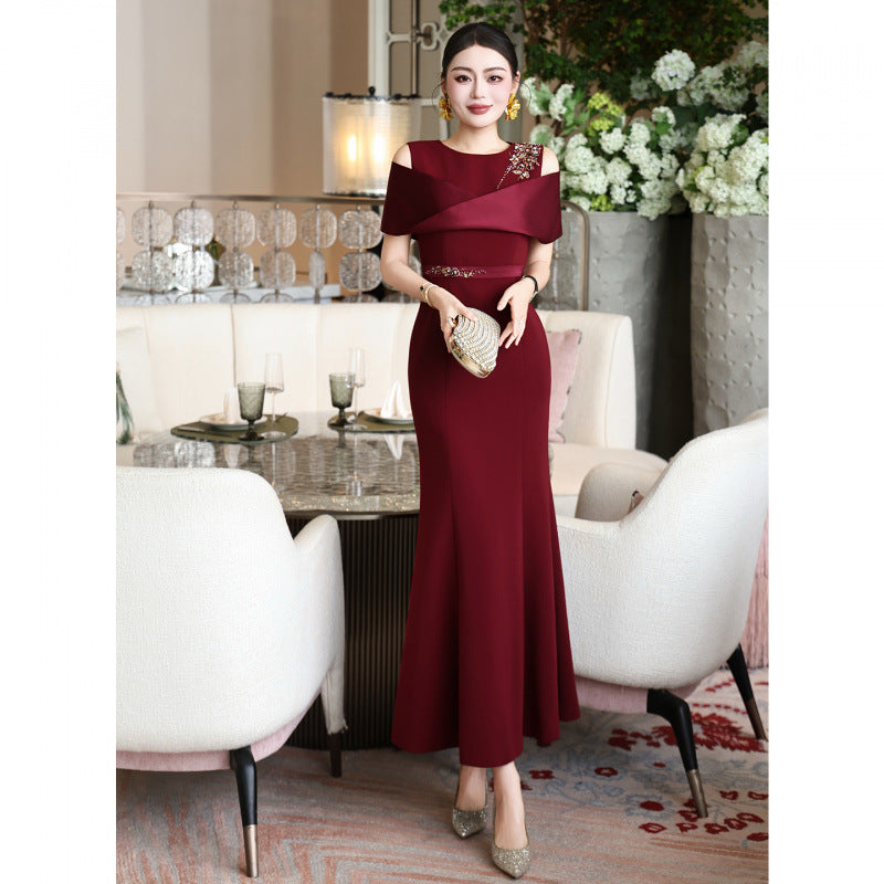 Burgundy Rhinestone Long Prom Dress