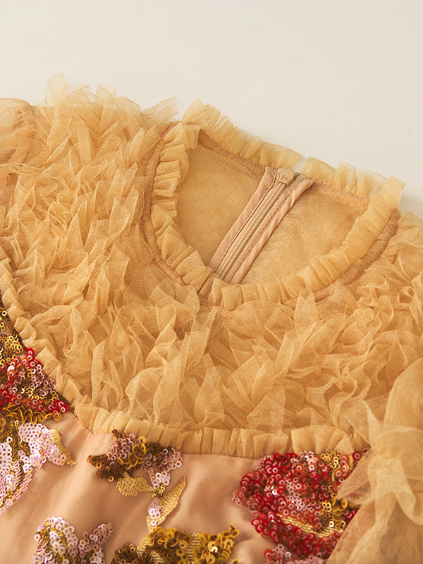 Champagne Tulle Sequin Long Prom Dress