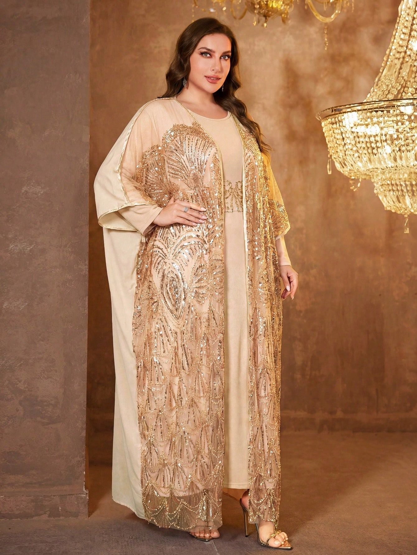 Champagne Sequin Embroidered Plus Size Formal Dress