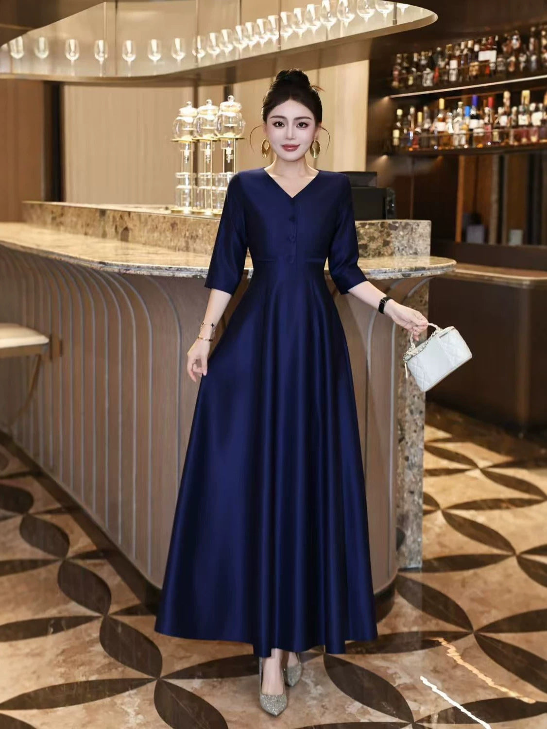 Blue V-Neck Ball Gown Long Prom Dress