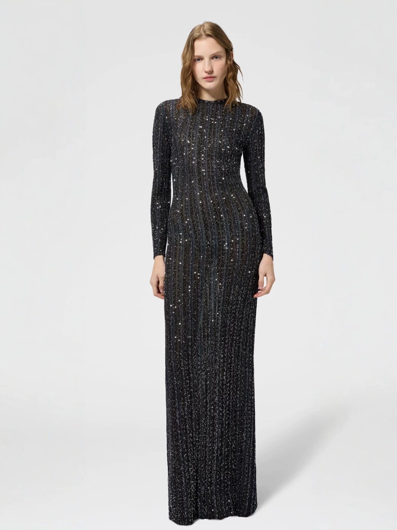Black Spaghetti Strap Long Sleeve Long Prom Dress