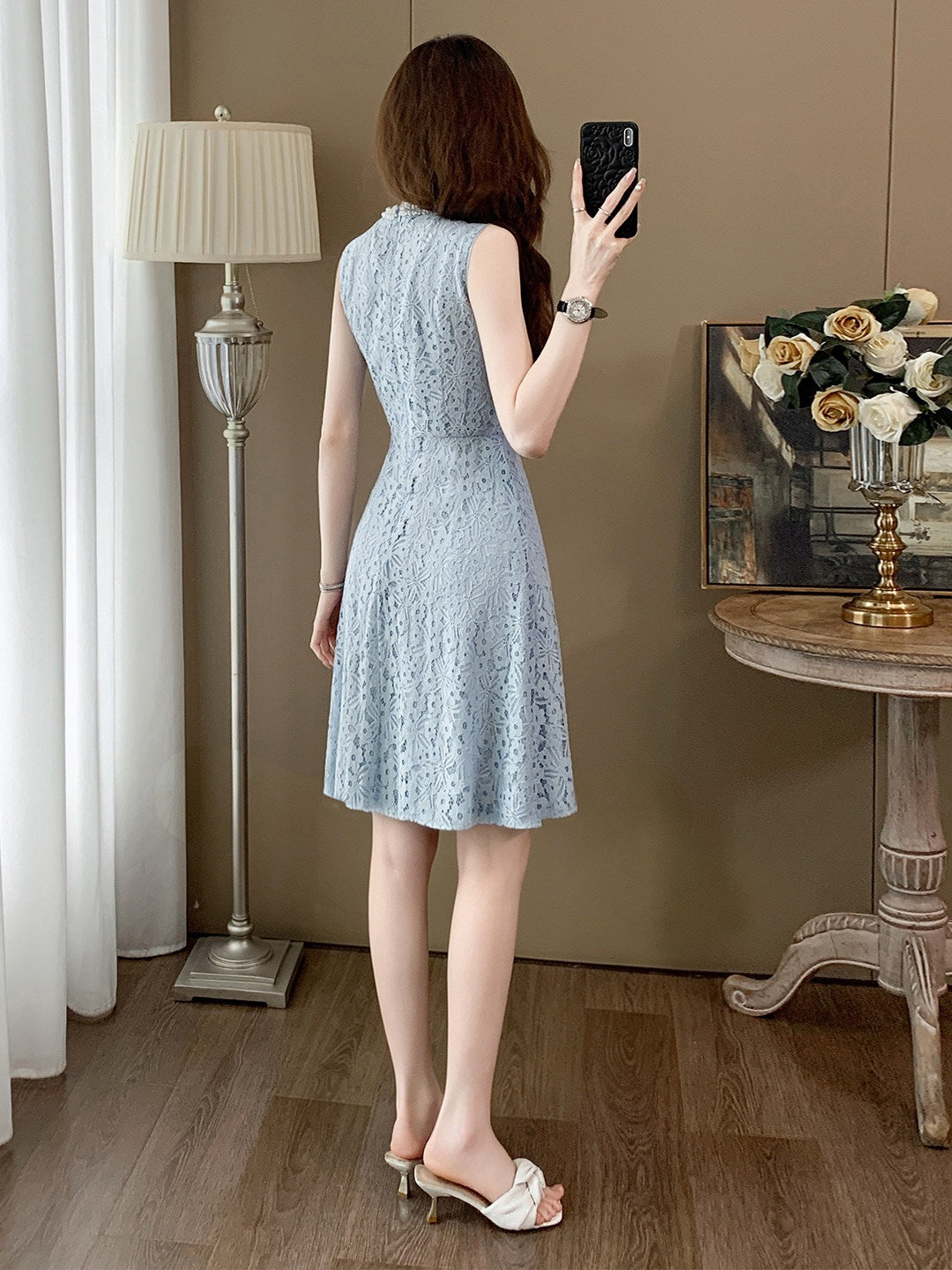 Blue Lace Sleeveless Short Homecoming Dress