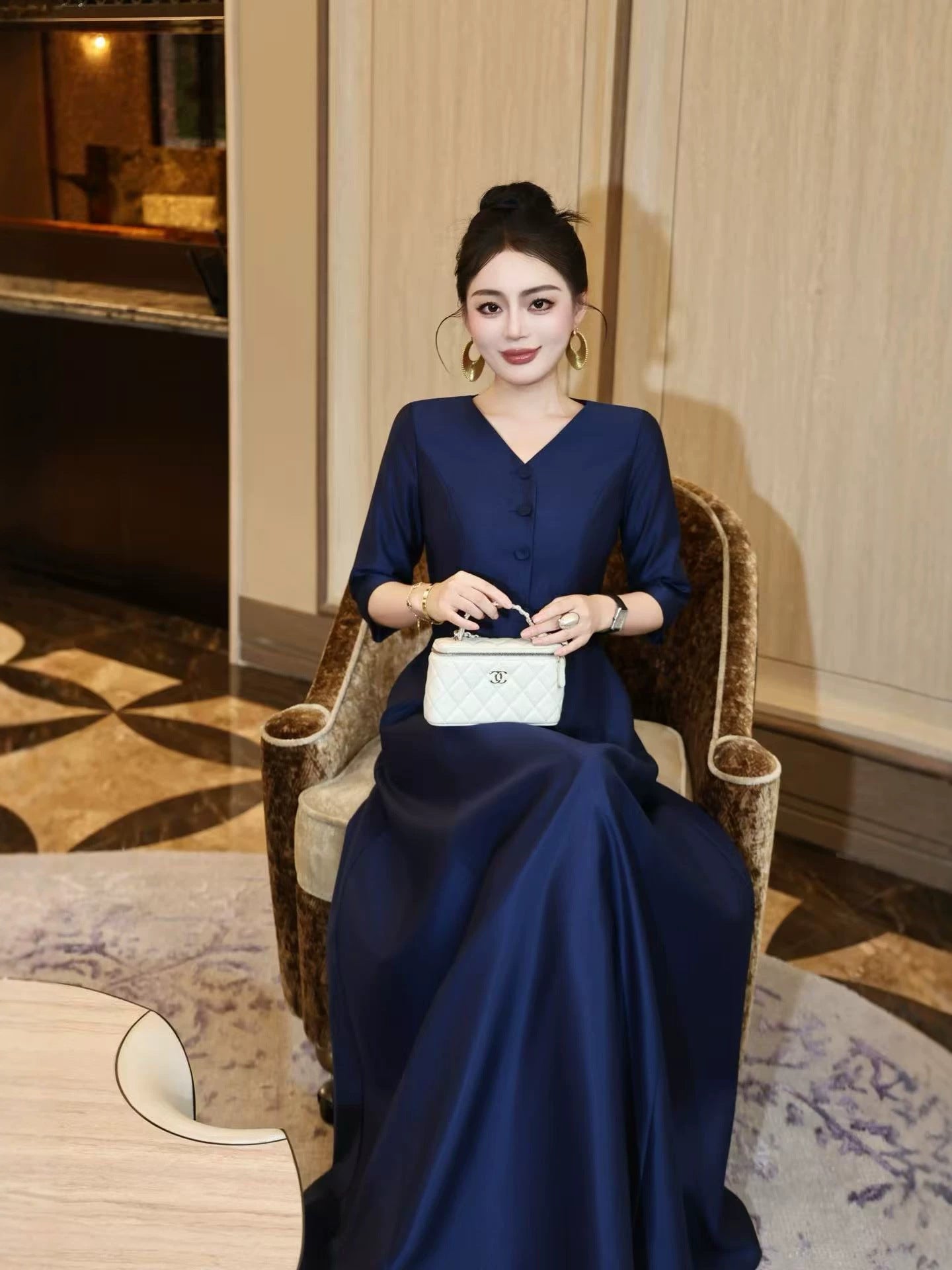 Blue V-Neck Ball Gown Long Prom Dress