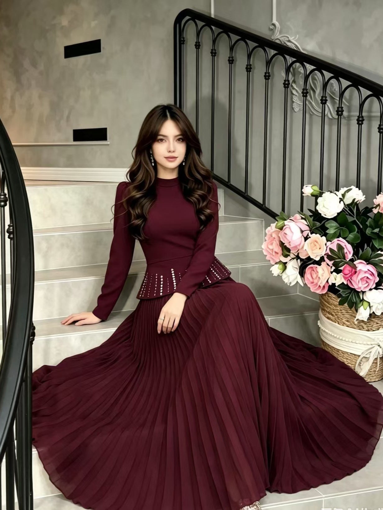 Burgundy Long Sleeve Rhinestone Long Prom Dress
