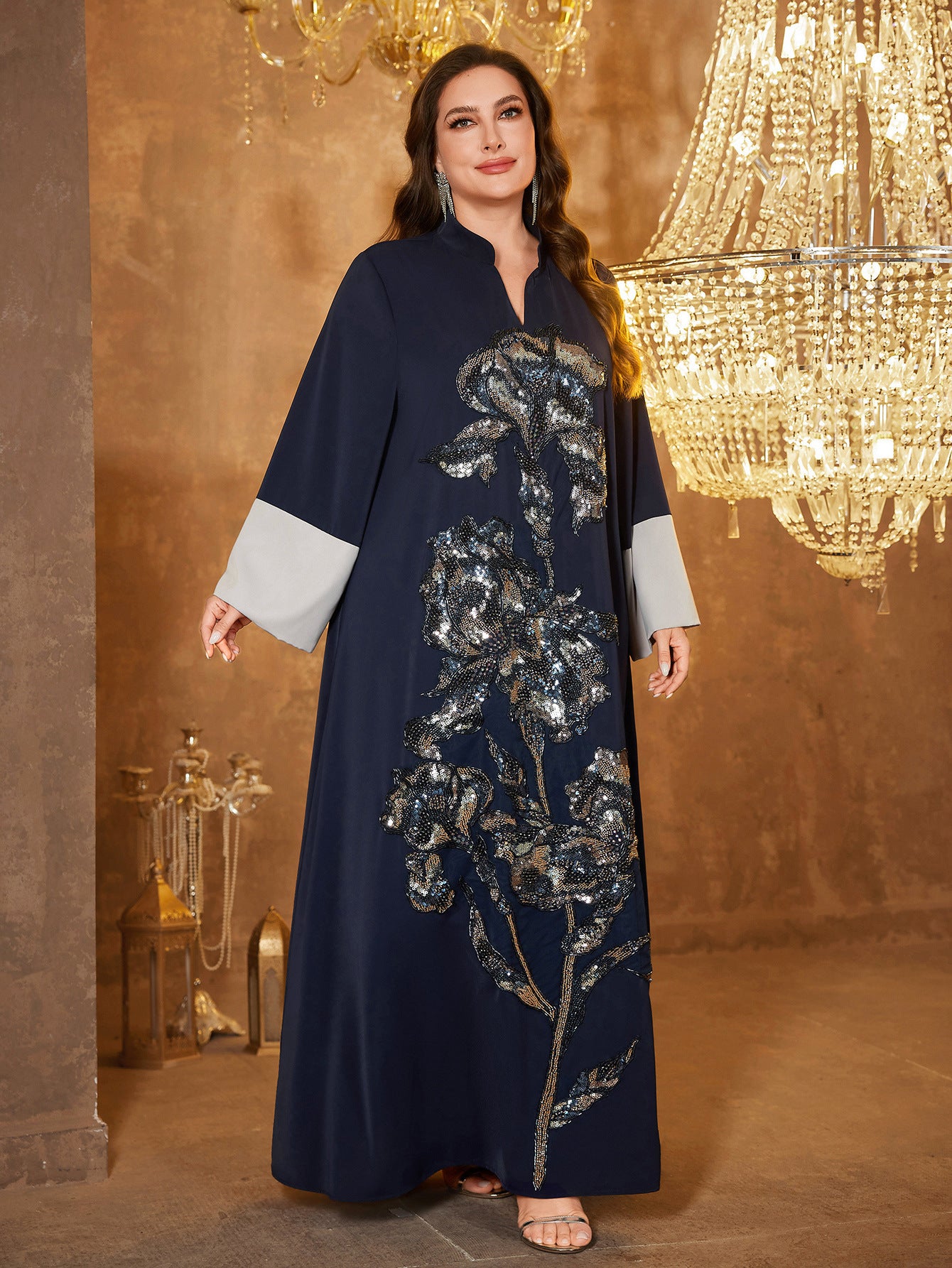 Navy Satin V-Neck Plus Size Formal Dress
