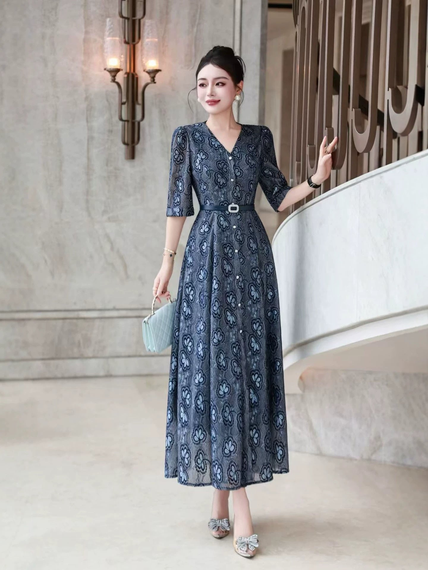Navy V-Neck Ball Gown Long Prom Dress