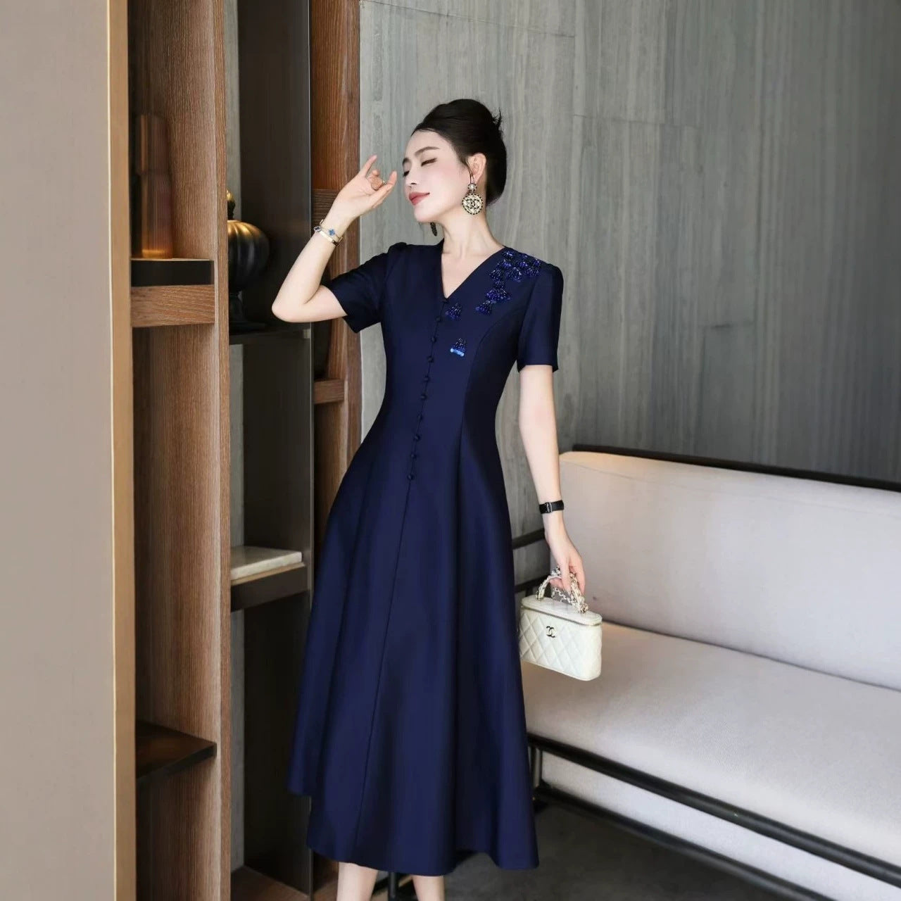 Navy V-Neck Plus Size Formal Dress