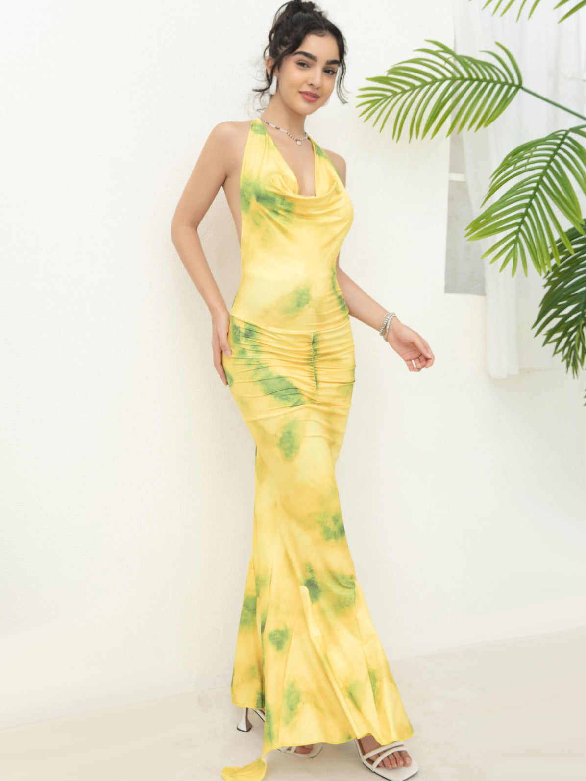 Yellow Halter Spaghetti Strap Long Prom Dress