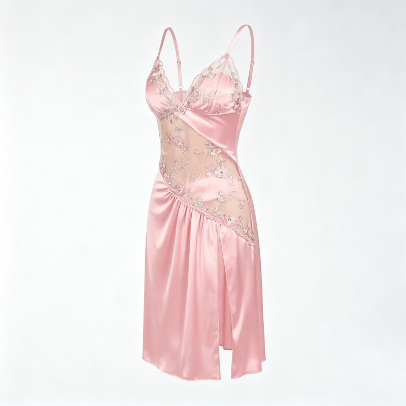 Mesh Floral Slit Nightgown