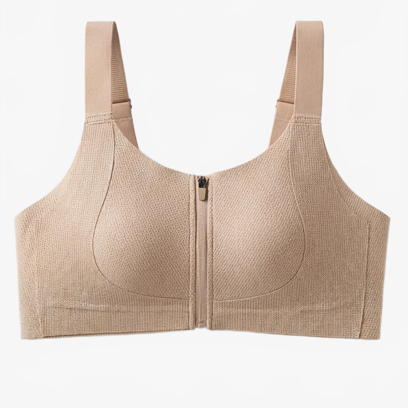 Beige Front-Zip Support Bra